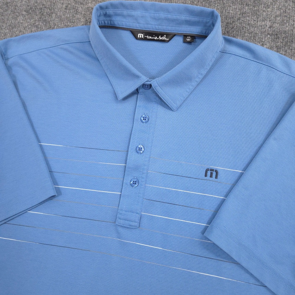 Travis Mathew Polo Shirt Mens XXL Blue Striped Pique Pima Cotton Polyester Golf